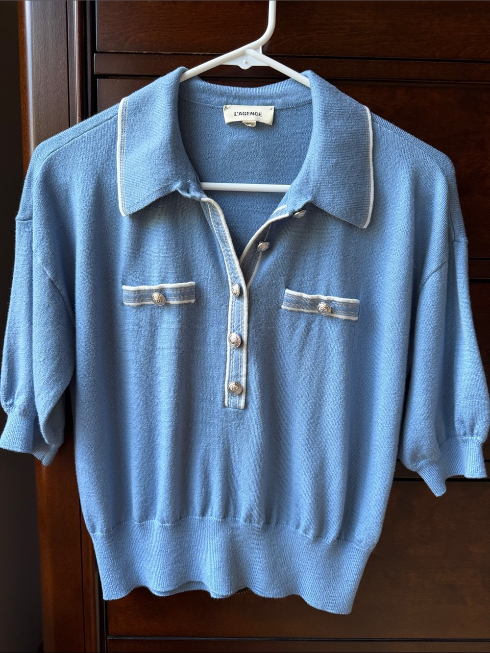 L'Agence Masaki Light Blue Short-Sleeve Polo Sweater